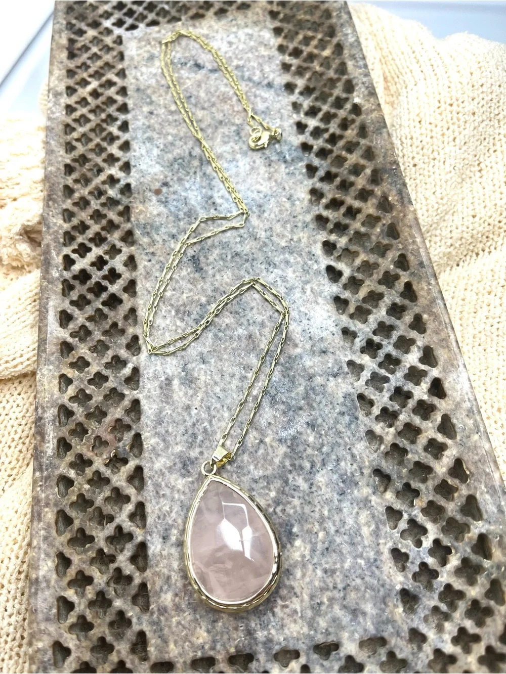 Faceted Teardrop Rose Quartz Pendant on a 29” Gold Tone Link Chain Necklace
